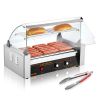 VEVOR Hot Dog Roller, Stainless Sausage Grill Cooker Machine with Dual Temp Control Glass Hood Acrylic Cover Bun Warmer Shelf Removable Drip Tray, ETL